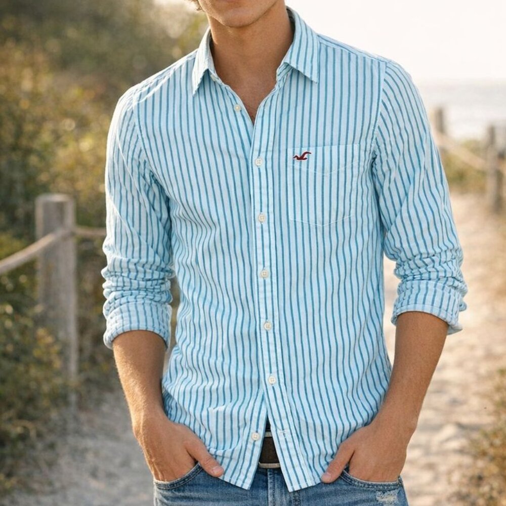 Vintage 00s Y2K Hollister Men's Small S Aqua Blue‎ Stripe Button Up Shirt Preppy